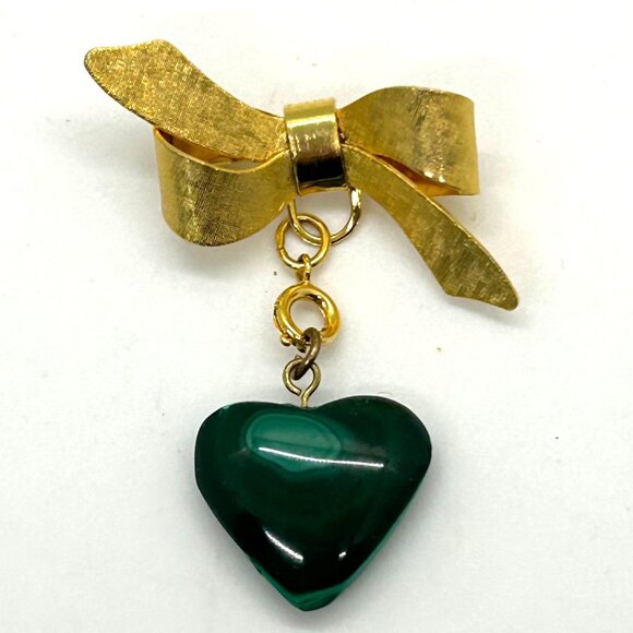 Gold-tone Bow Brooch Dangling Green Malachite Heart Pendant Sweetheart Valentine - Picture 5 of 16